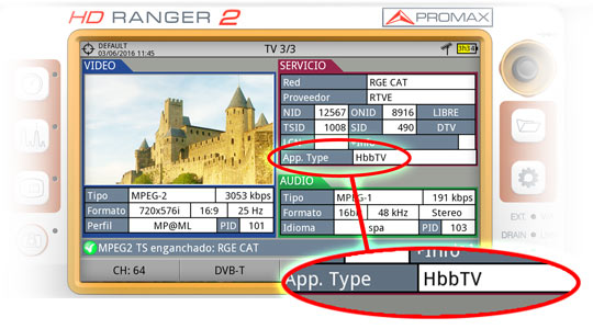 Detección de la aplicación HbbTV en un medidor de campo de la familia RANGER Neo de PROMAX.