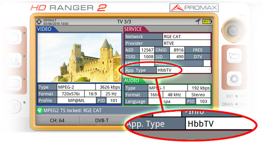 HbbTV standard detected in the HD RANGER field strength meter by PROMAX
