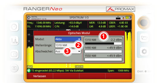 Check and select the wavelengths in the system, and set ON or OFF the field strength meter attenuator