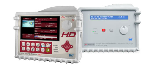 Medidor de campo modelo TV EXPLORER HD y reproductos/procesador/grabador portátil de transport stream modelo TG-140