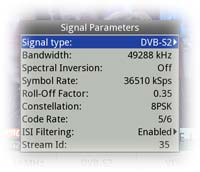 Параметры сигнала текущего DVB-S2 мультиплекса