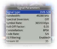 Signal parameters of the current DVB-S2 multiplex