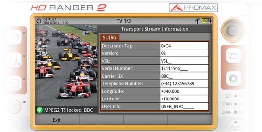 IRG descriptor information in a RANGER Neo 2 field strength meter