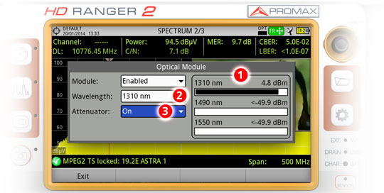 Verificar y seleccionar las longitudes de onda en el sistema, y activar o desactivar el atenuador del medidor de campo