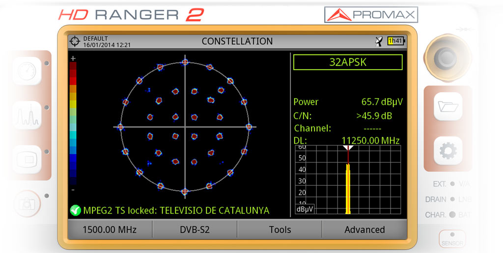 RANGER Neo 2 field strength meter displaying a 32-APSK constellation