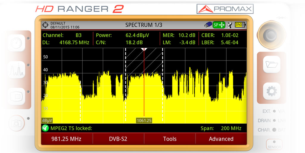 DVB-S2 signal tuned with ACM (Adaptative Coding and Modulation) modulation scheme