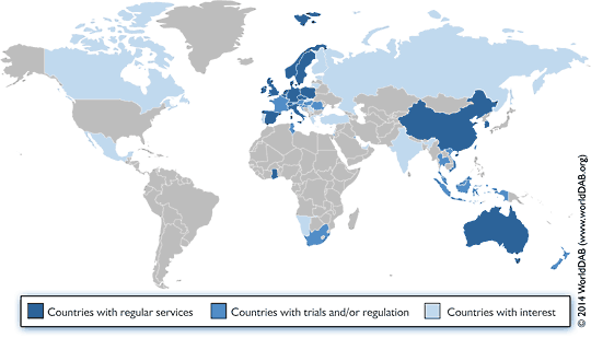 Карта покрытия цифрового радио DAB/DAB+ в 2014 году