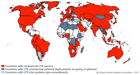 Map of 4G-LTE deployment in late 2014. © Global mobile-Suppliers Association - GSA.
