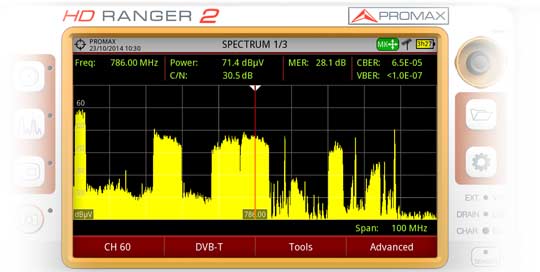 Pointer over the spectrum at channel 60 in the terrestrial band. The spectrum band reserved for LTE is visible on the right.