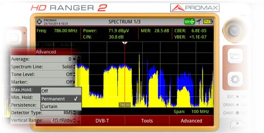 Max hold on the signal. The maximum power of the spectrum is traced in blue, behind the real-time spectrum (yellow).