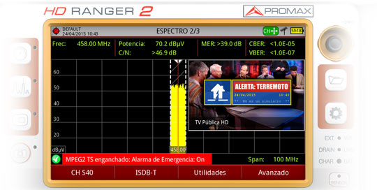 Recepción, decodificación, medidas y espectro del canal de alertas EWS durante un terremoto en la pantalla de un medidor de campo RANGER Neo 2 ISDB-T/Tb.