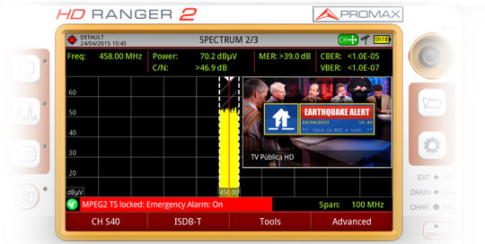 Reception, decoding, and measurement of an ISDB-T channel with EWBS warning signal during an earthquake in the display of an RANGER Neo 2 ISDB-T / Tb field strength meter.