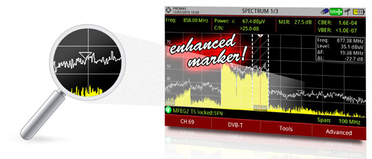 Professional spectrum analyser in terrestrial band displaying measurements of a marker over the trace.