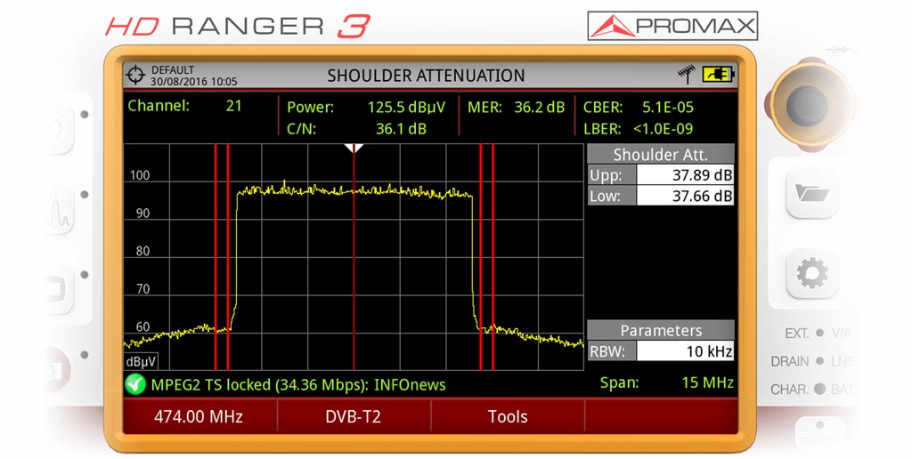 Medida del shoulder en un canal DVB-T2 con un medidor de campo RANGER Neo 3