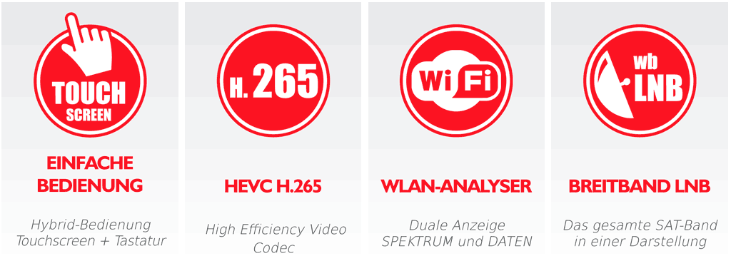 Touch screen. HEVC H.265. WLAN-analyser. Breitband LNB (wbLNB).