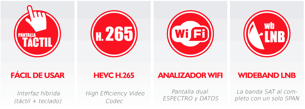 Pantalla táctil. HEVC H.265. Analizador Wi-Fi. Wideband LNB (wbLNB).