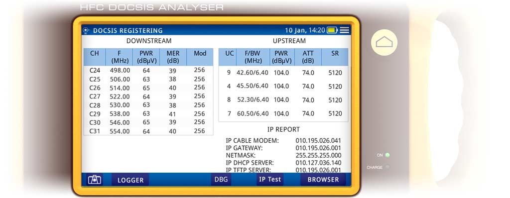 Funcionamiento en modo registrado del cablemodem de los analizadores DOCSIS CABLE RANGER