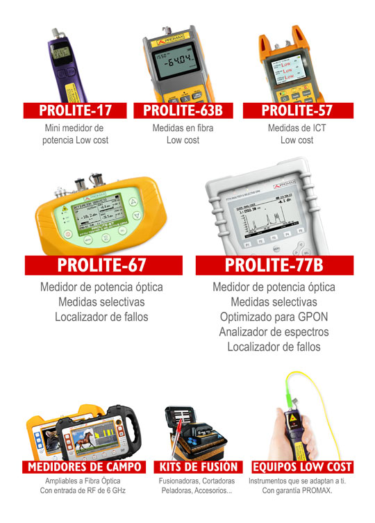 Fusionadoras, medidores de potencia óptica selectivos, OTDR...