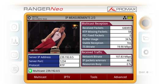 Uno dei tre display di misurazione IPTV disponibili sul RANGER Neo