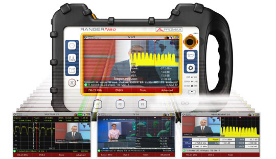 Triple split screen display in a field strength meter model RANGER Neo: Three simultaneous functions