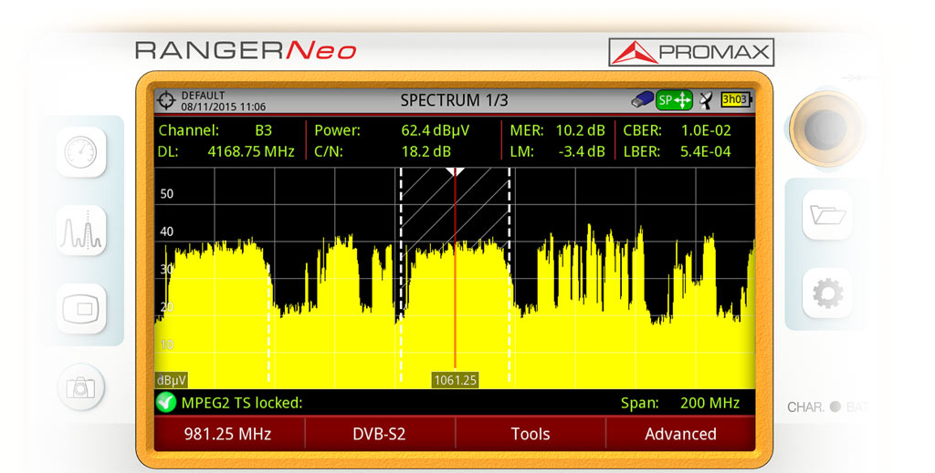 Señal DVB-S2 sincronizada con esquema de modulación ACM (Adaptative Coding and Modulation)