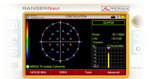 RANGER Neo field strength meter displaying a 32-APSK constellation