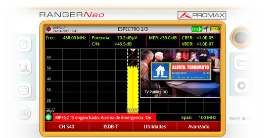 Recepción, descodificación, medidas y espectro del canal de alertas EWS durante un terremoto en la pantalla de un medidor de campo RANGER Neo.
