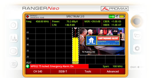 Reception, decoding, and measurement of an ISDB-T channel with EWBS warning signal during an earthquake in the display of an RANGER Neo field strength meter.