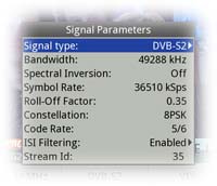 Parametri di segnale del multiplex DVB-S2 in uso