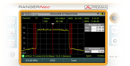 Measuring shoulder in a DVB-T2 channel using a RANGER Neo field strength meter