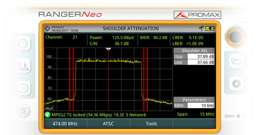 Misura dello shoulder in un canale DVB-T2 con un misuratore di campo RANGER Neo