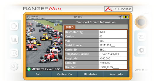 Información proporcionada por el descriptor IRG visualizada en un medidor de campo RANGER Neo