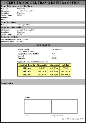 Certificado de tramo de fibra óptica según la ICT