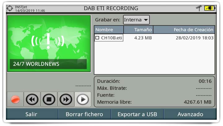 Función de grabación y reproducción de ETI de un canal DAB/DAB+
