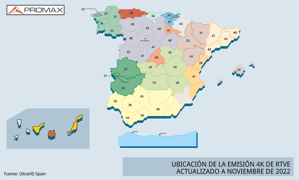 Mapa provincial del canal UHF donde está ubicada la emisión en 4K de RTVEa