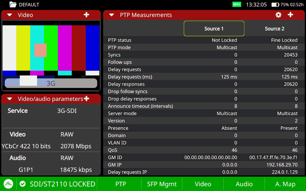 Datos del reloj PTP en una red ST 2110 tal y como se muestran en el analizador ATLAS NG