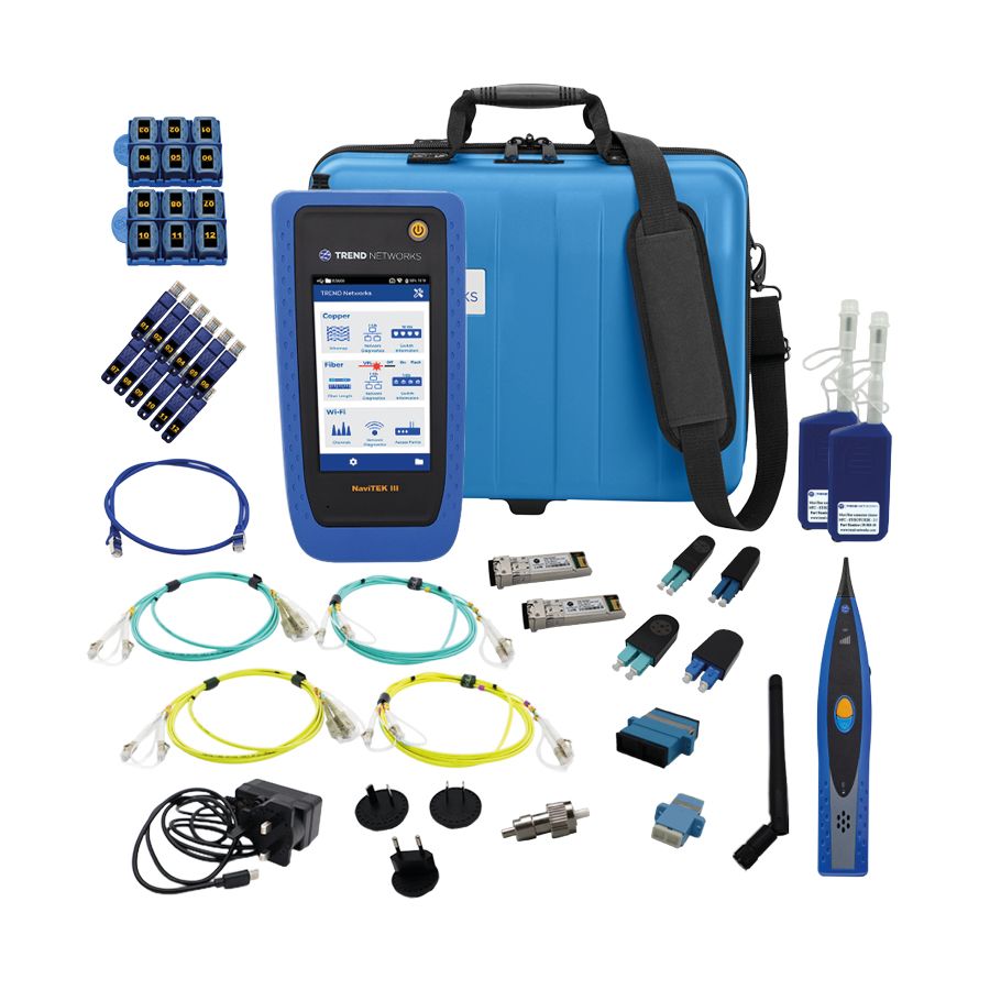 Contenido del kit R166006: NaviTEK III, maletín, remotos, módulos SFP, latiguillos de fibra y sonda